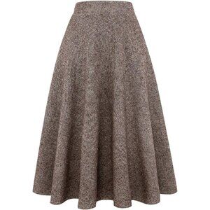 Womens Long Coffee Elastic Waist A-Line Pleated Tartan Long Plaid Wool Skirts